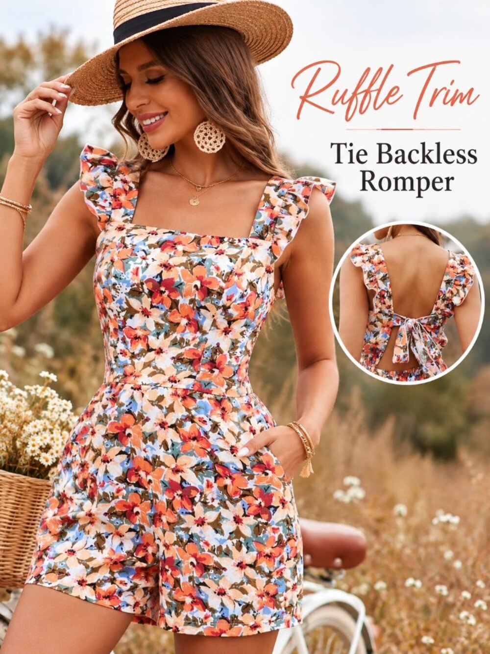 Floral Print Ruffle Trim Tie-Back Romper – Boho Summer Style